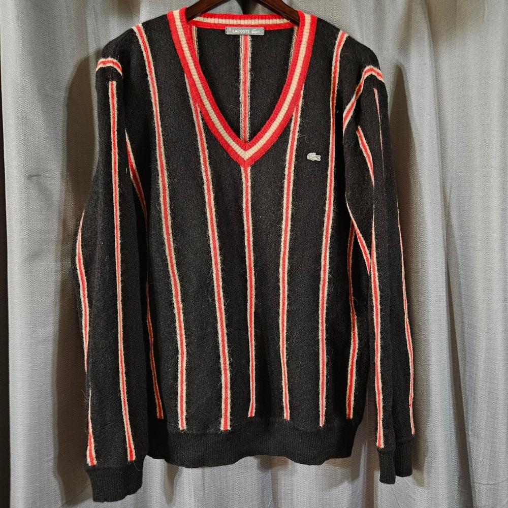 Vintage Lacoste 100% Baby Alpaca V-Neck Sweater Black Red Striped Mens Large